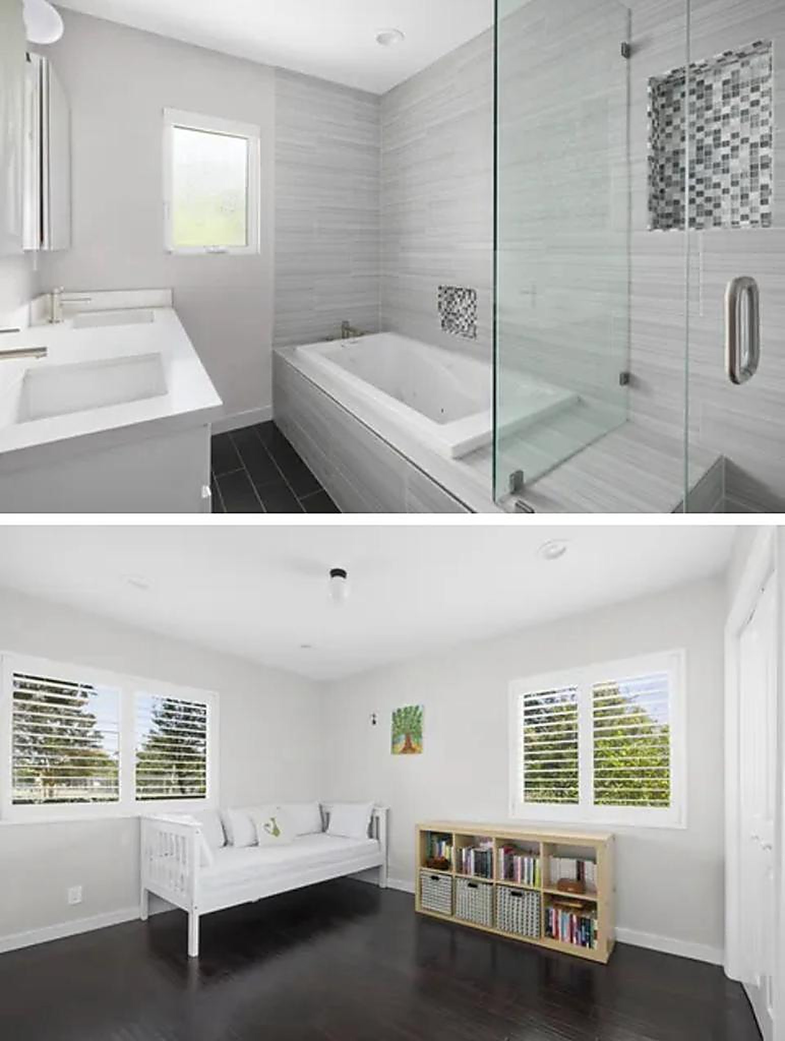 Bathroom with soaking tub and bright kids bedroom in Santa Monica furnished home
