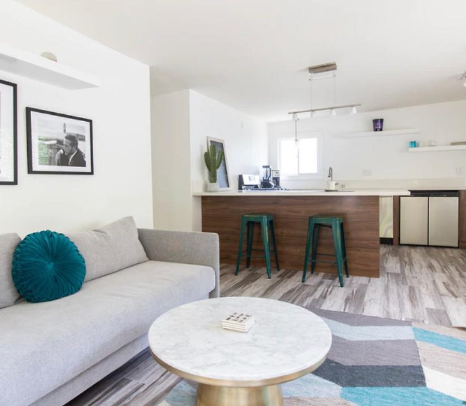 West Hollywood corporate housing open living and kitchen with bar seating